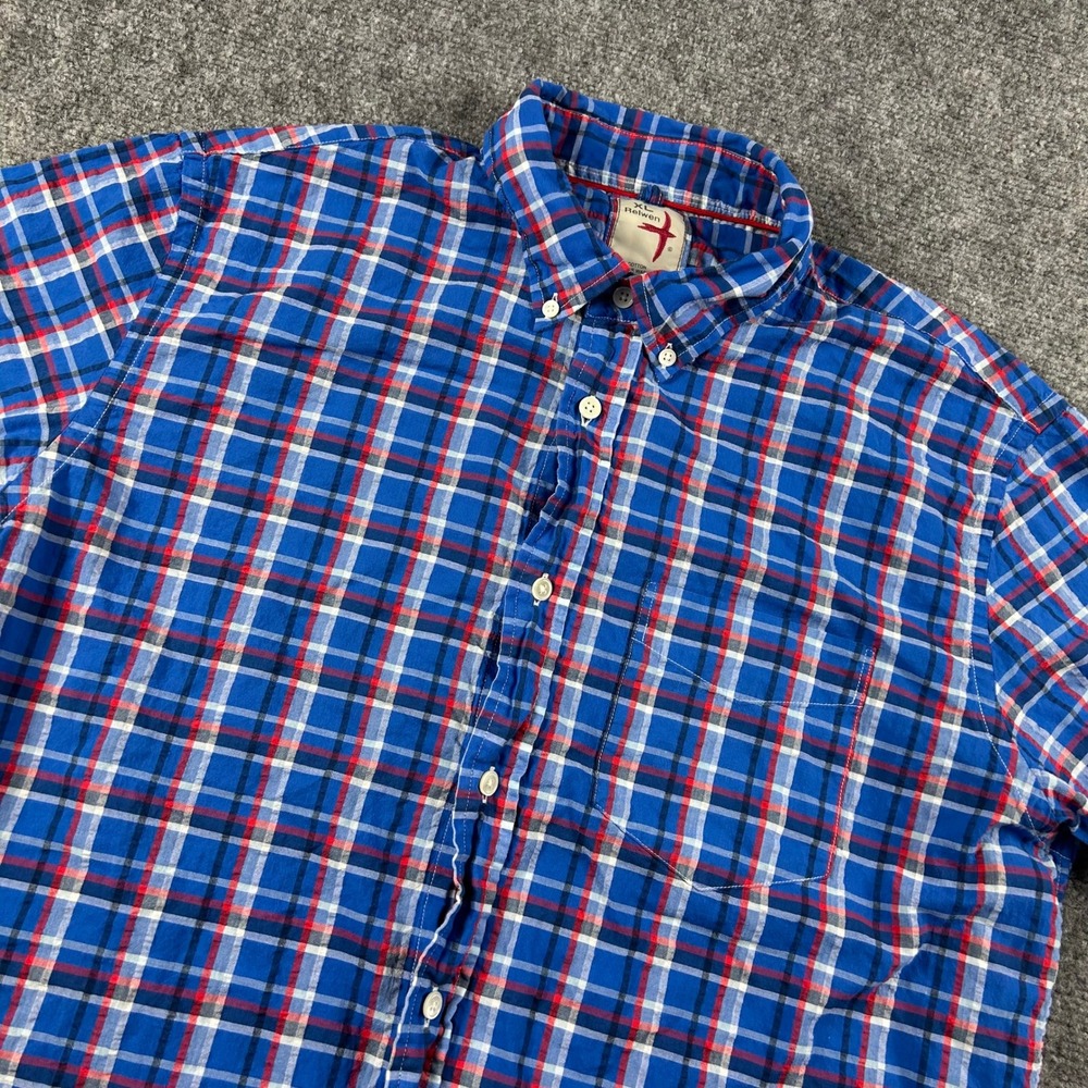 Relwen Button Down Shirt Mens XL Blue Plaid Short Sleeve Cotton Casual Logo